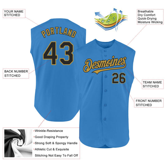 Custom Powder Blue Black-Old Gold Authentic Sleeveless Baseball Jersey - Sky-Custom