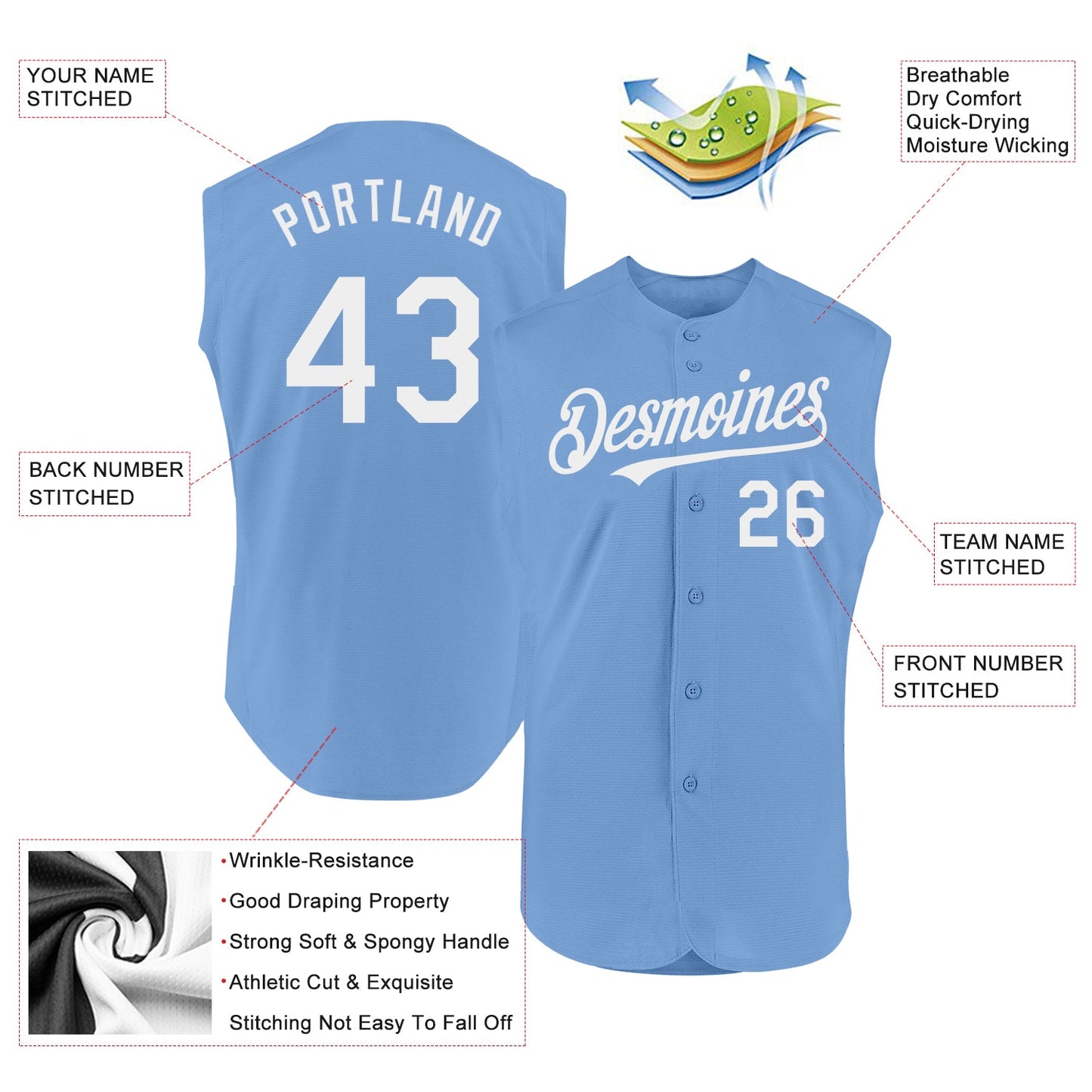 Custom Light Blue White Authentic Sleeveless Baseball Jersey - Sky-Custom