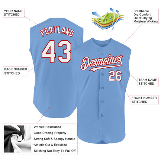 Custom Light Blue White-Red Authentic Sleeveless Baseball Jersey - Sky-Custom