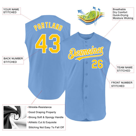 Custom Light Blue Yellow-White Authentic Sleeveless Baseball Jersey - Sky-Custom