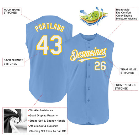Custom Light Blue White-Yellow Authentic Sleeveless Baseball Jersey - Sky-Custom