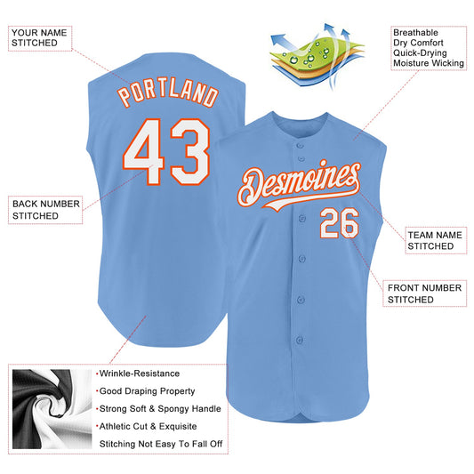 Custom Light Blue White-Orange Authentic Sleeveless Baseball Jersey - Sky-Custom