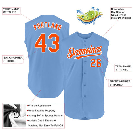 Custom Light Blue Orange-White Authentic Sleeveless Baseball Jersey - Sky-Custom