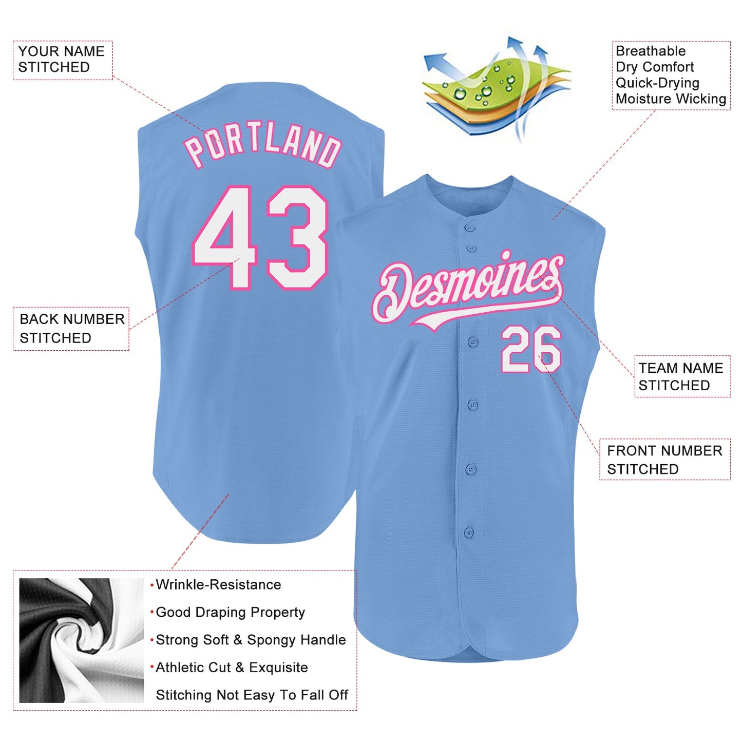 Custom Light Blue White-Pink Authentic Sleeveless Baseball Jersey - Sky-Custom