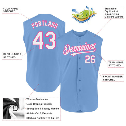 Custom Light Blue White-Pink Authentic Sleeveless Baseball Jersey - Sky-Custom