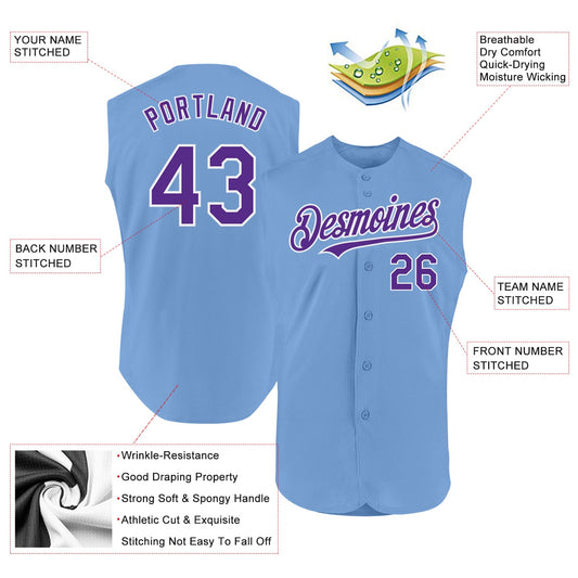 Custom Light Blue Purple-White Authentic Sleeveless Baseball Jersey - Sky-Custom