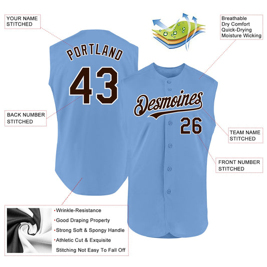 Custom Light Blue Brown-White Authentic Sleeveless Baseball Jersey - Sky-Custom