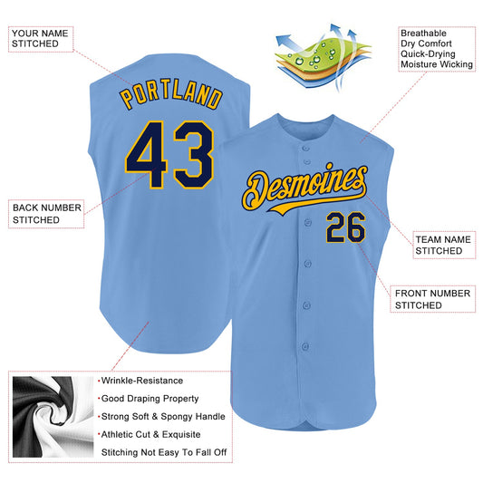 Custom Light Blue Navy-Gold Authentic Sleeveless Baseball Jersey - Sky-Custom
