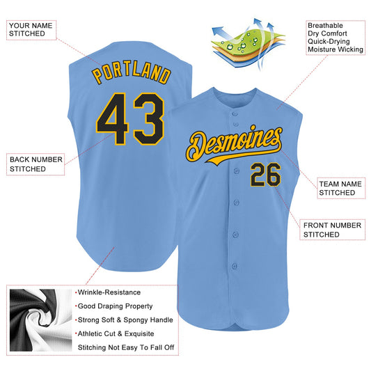 Custom Light Blue Black-Gold Authentic Sleeveless Baseball Jersey - Sky-Custom