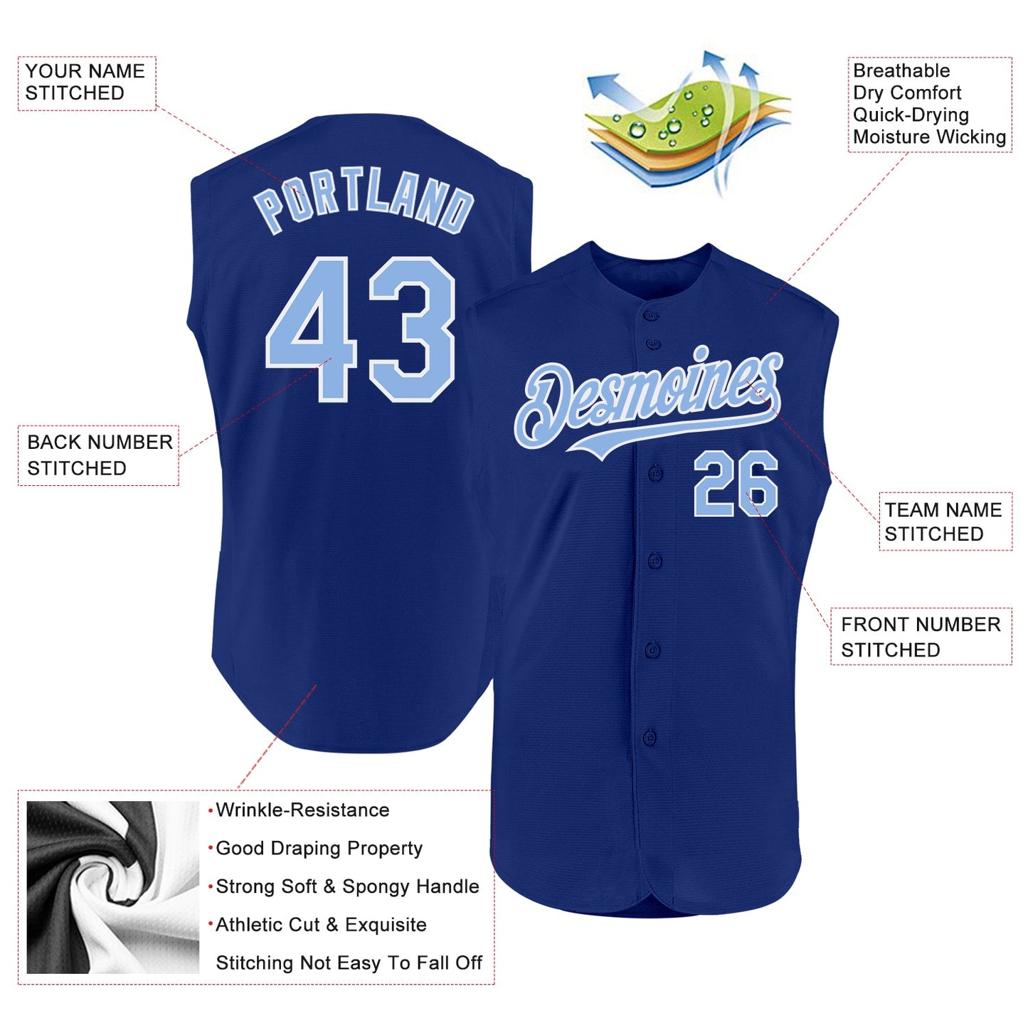 Custom Royal Light Blue-White Authentic Sleeveless Baseball Jersey - Sky-Custom