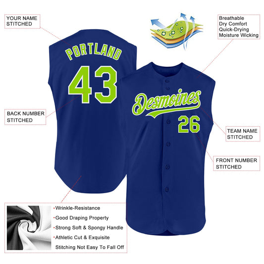 Custom Royal Neon Green-White Authentic Sleeveless Baseball Jersey - Sky-Custom