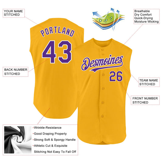 Custom Gold Purple-White Authentic Sleeveless Baseball Jersey - Sky-Custom