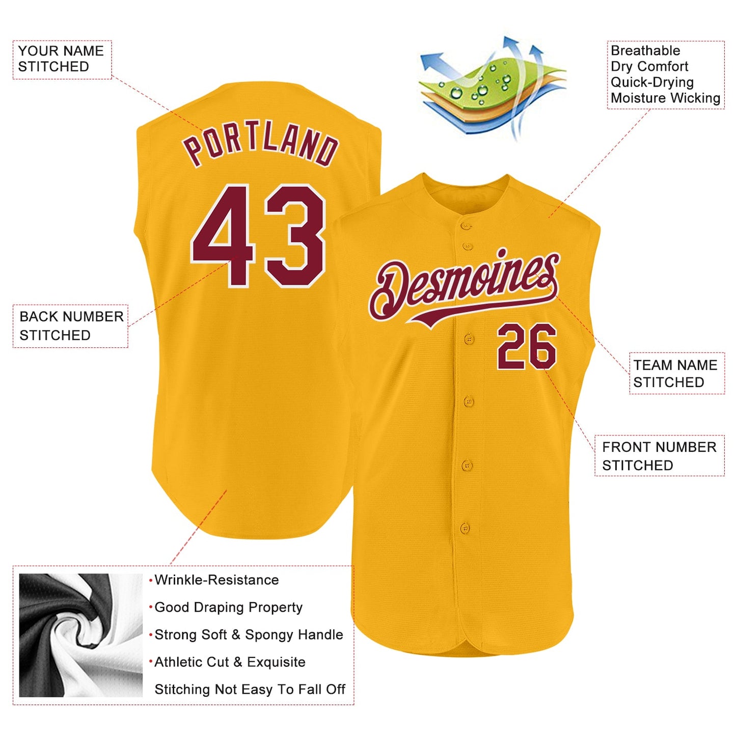Custom Gold Crimson-White Authentic Sleeveless Baseball Jersey - Sky-Custom
