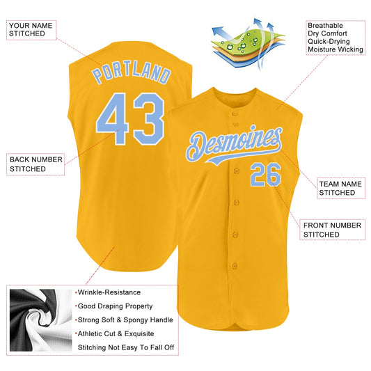 Custom Gold Light Blue-White Authentic Sleeveless Baseball Jersey - Sky-Custom