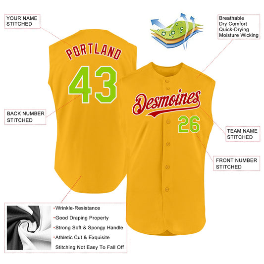 Custom Gold Neon Green-Red Authentic Sleeveless Baseball Jersey - Sky-Custom