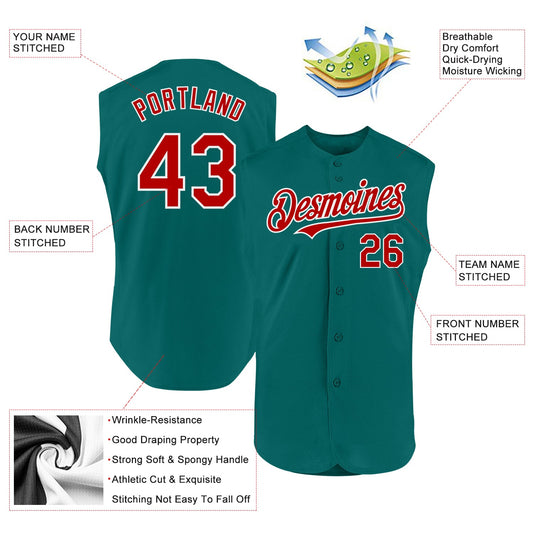 Custom Teal Red-White Authentic Sleeveless Baseball Jersey - Sky-Custom