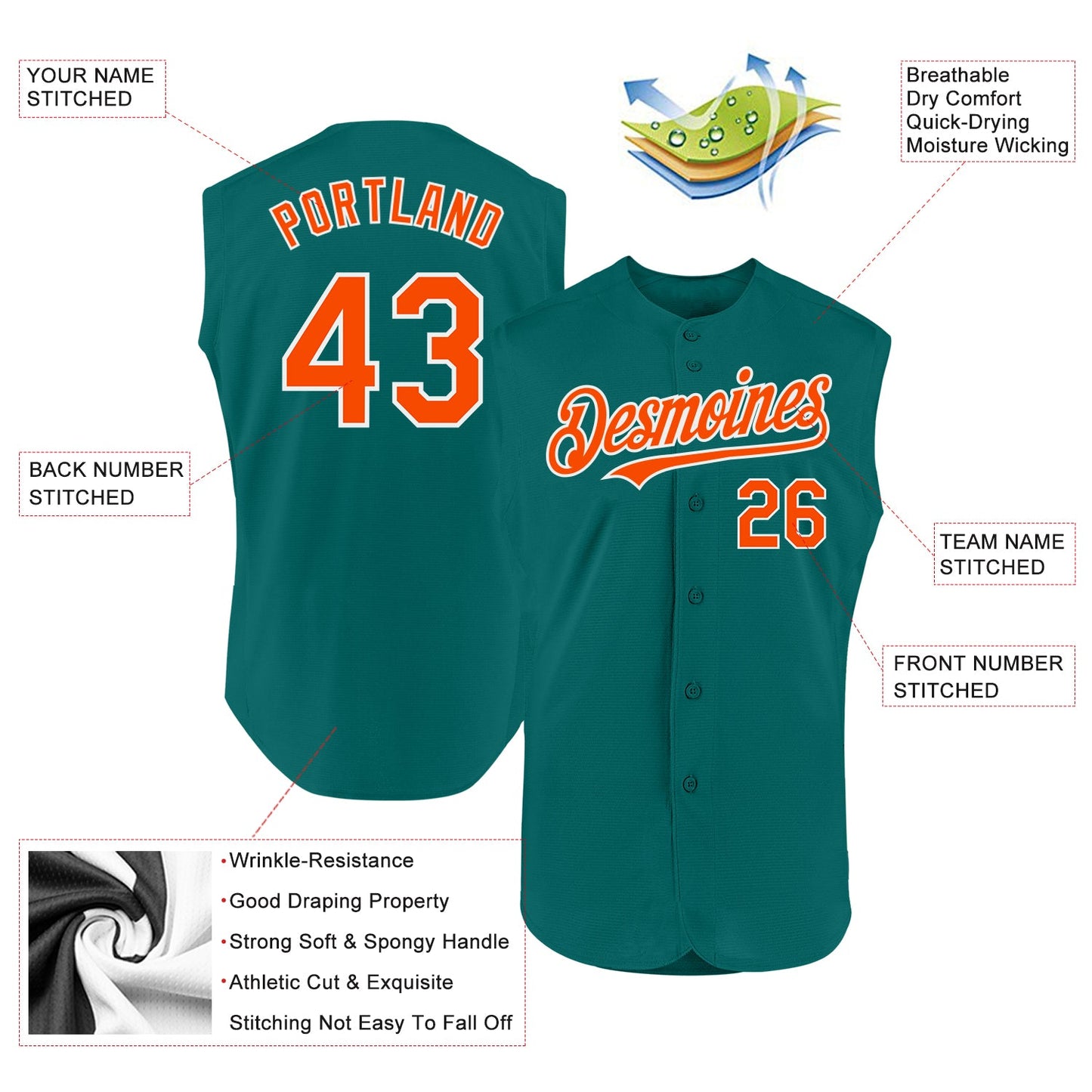 Custom Teal Orange-White Authentic Sleeveless Baseball Jersey - Sky-Custom
