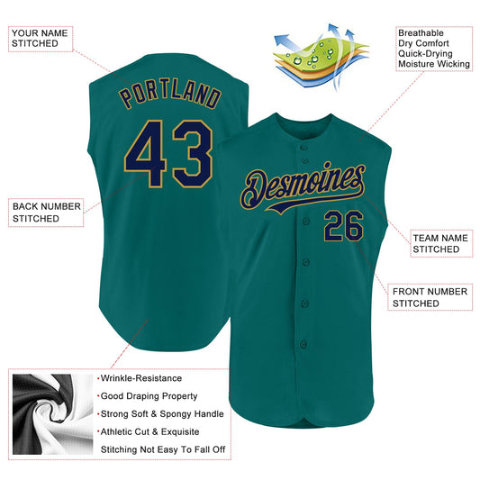 Custom Teal Navy-Old Gold Authentic Sleeveless Baseball Jersey - Sky-Custom