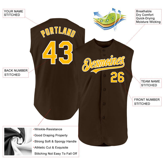 Custom Brown Gold-White Authentic Sleeveless Baseball Jersey - Sky-Custom