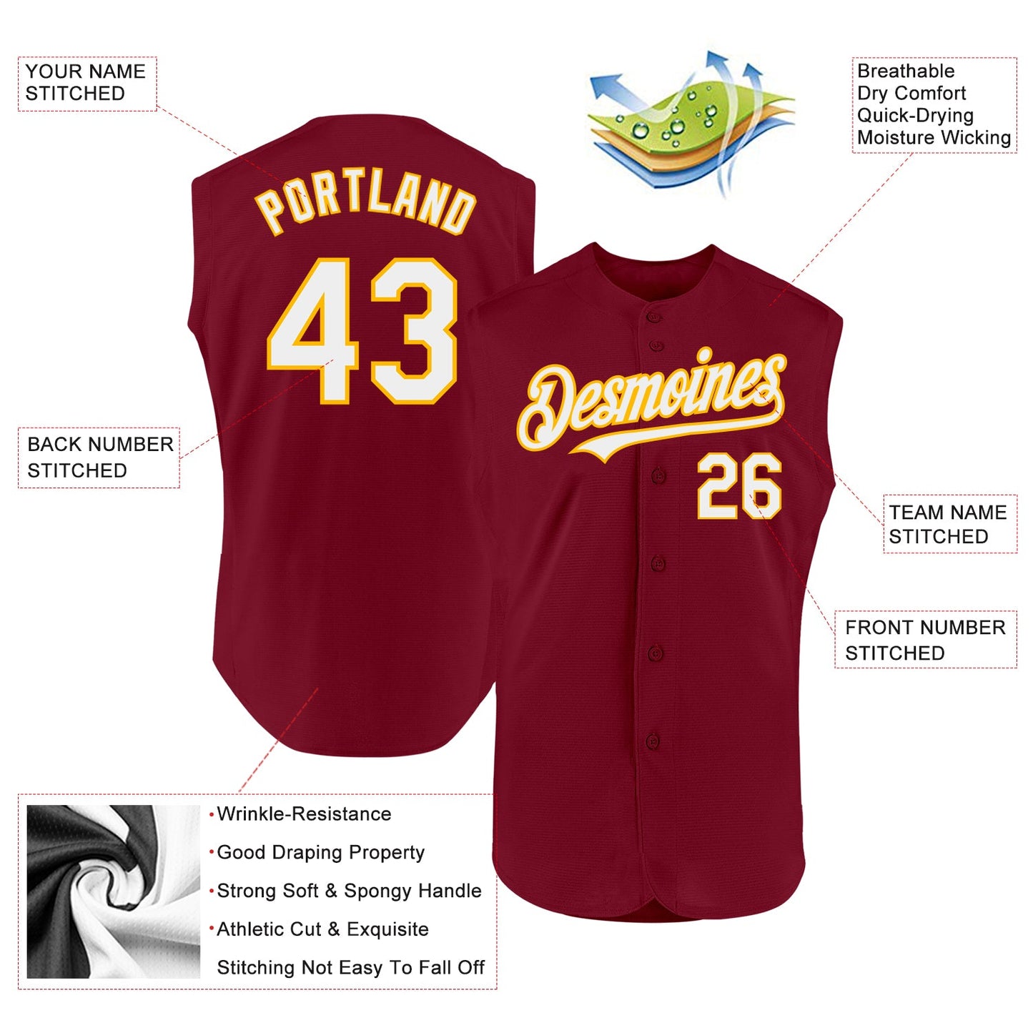 Custom Crimson White-Gold Authentic Sleeveless Baseball Jersey - Sky-Custom
