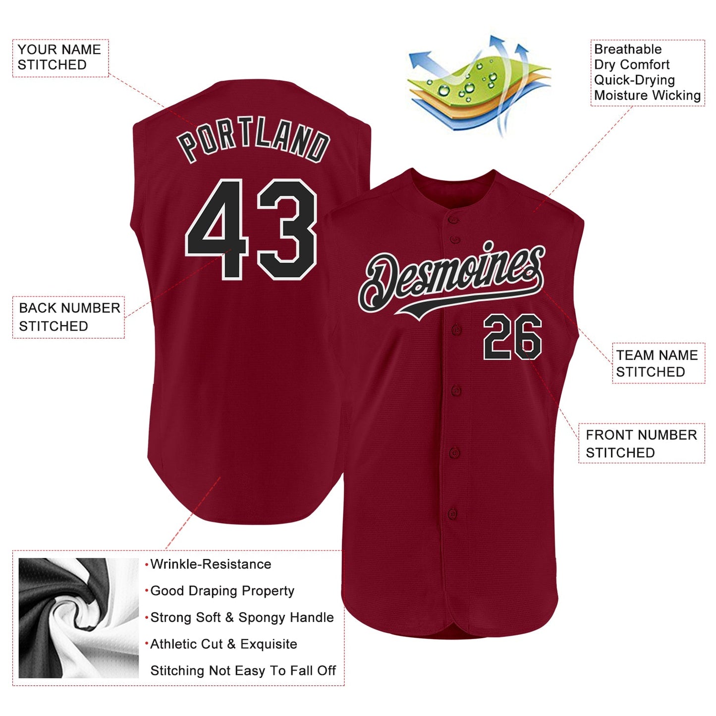 Custom Crimson Black-White Authentic Sleeveless Baseball Jersey - Sky-Custom
