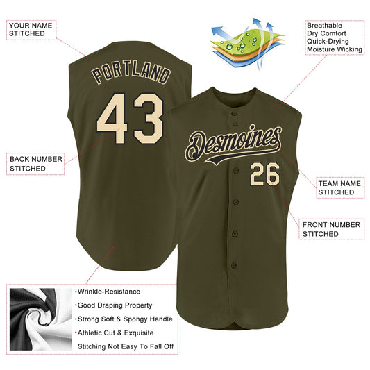 Custom Olive Cream-Black Authentic Sleeveless Salute To Service Baseball Jersey - Sky-Custom