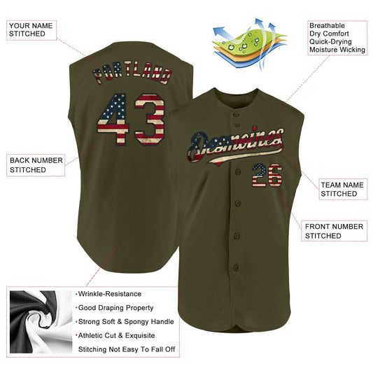 Custom Olive Vintage USA Flag-Black Authentic Sleeveless Salute To Service Baseball Jersey - Sky-Custom