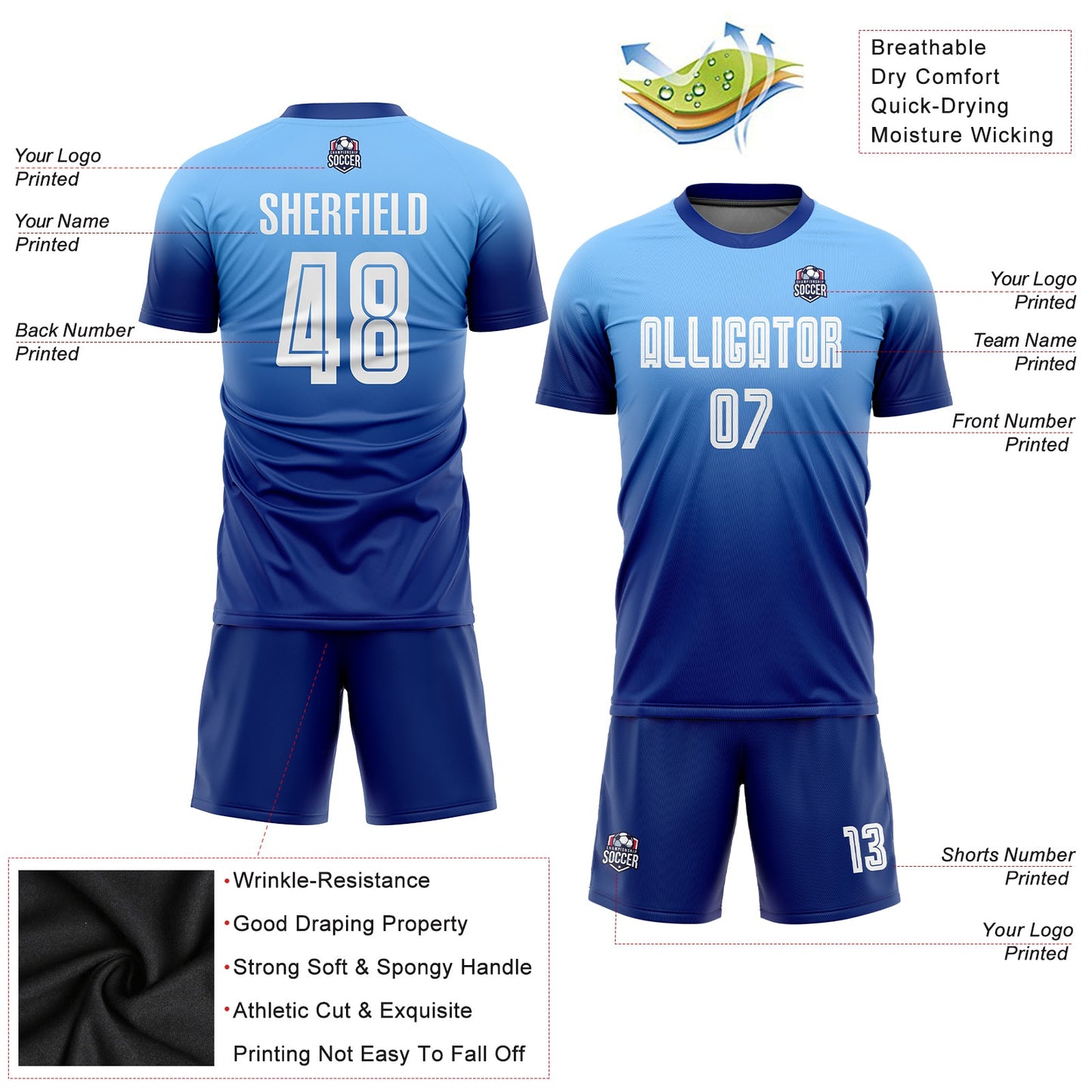 Custom Light Blue White-Royal Sublimation Fade Fashion Soccer Uniform Jersey - Sky-Custom