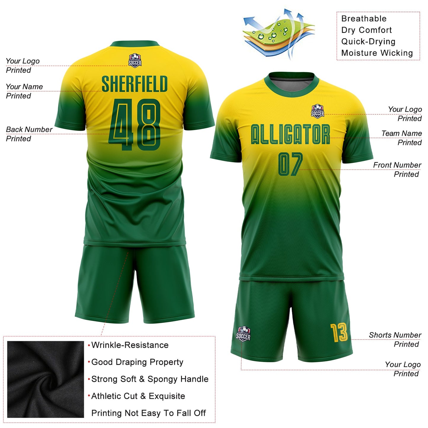 Custom Gold Kelly Green Sublimation Fade Fashion Soccer Uniform Jersey - Sky-Custom