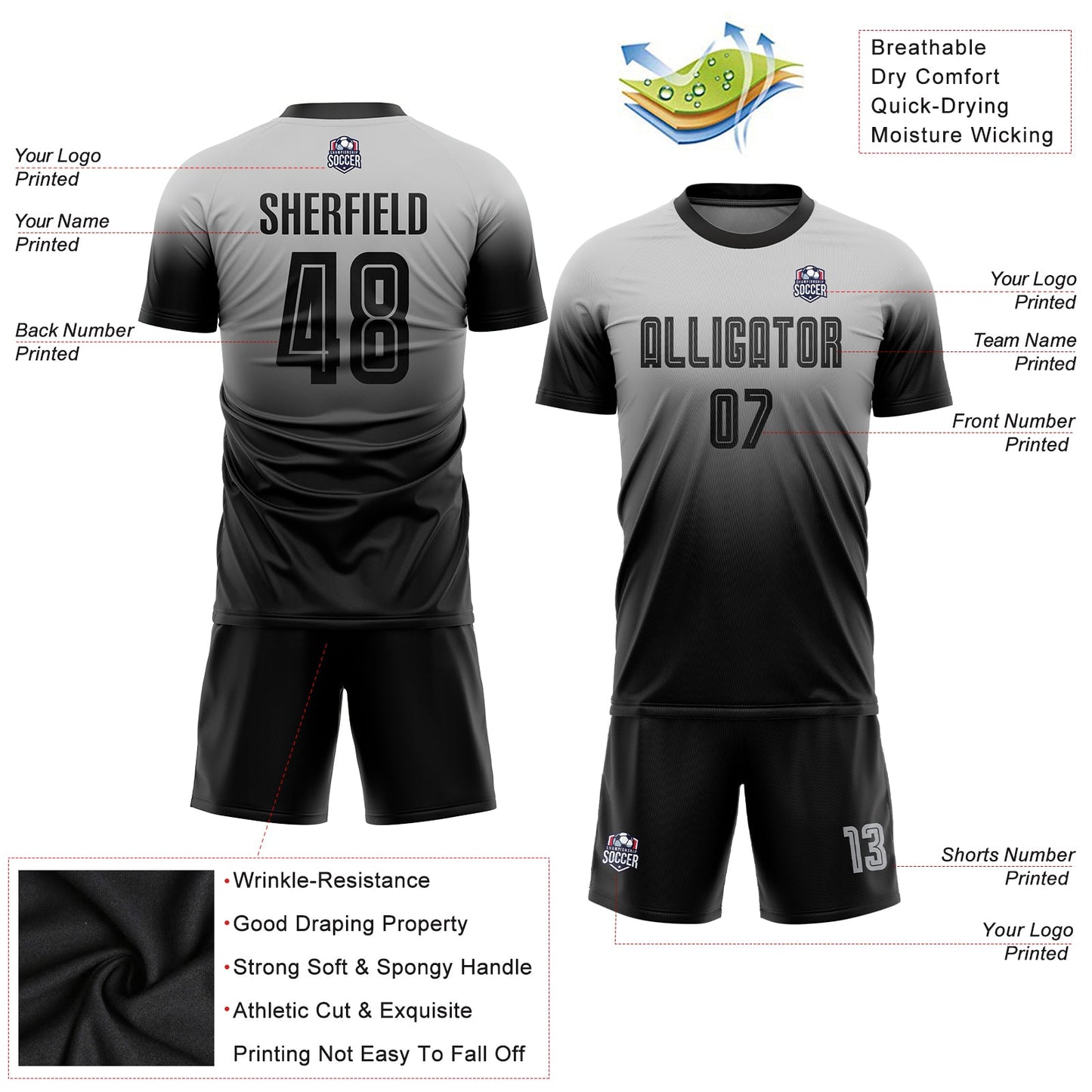 Custom Gray Black Sublimation Fade Fashion Soccer Uniform Jersey - Sky-Custom