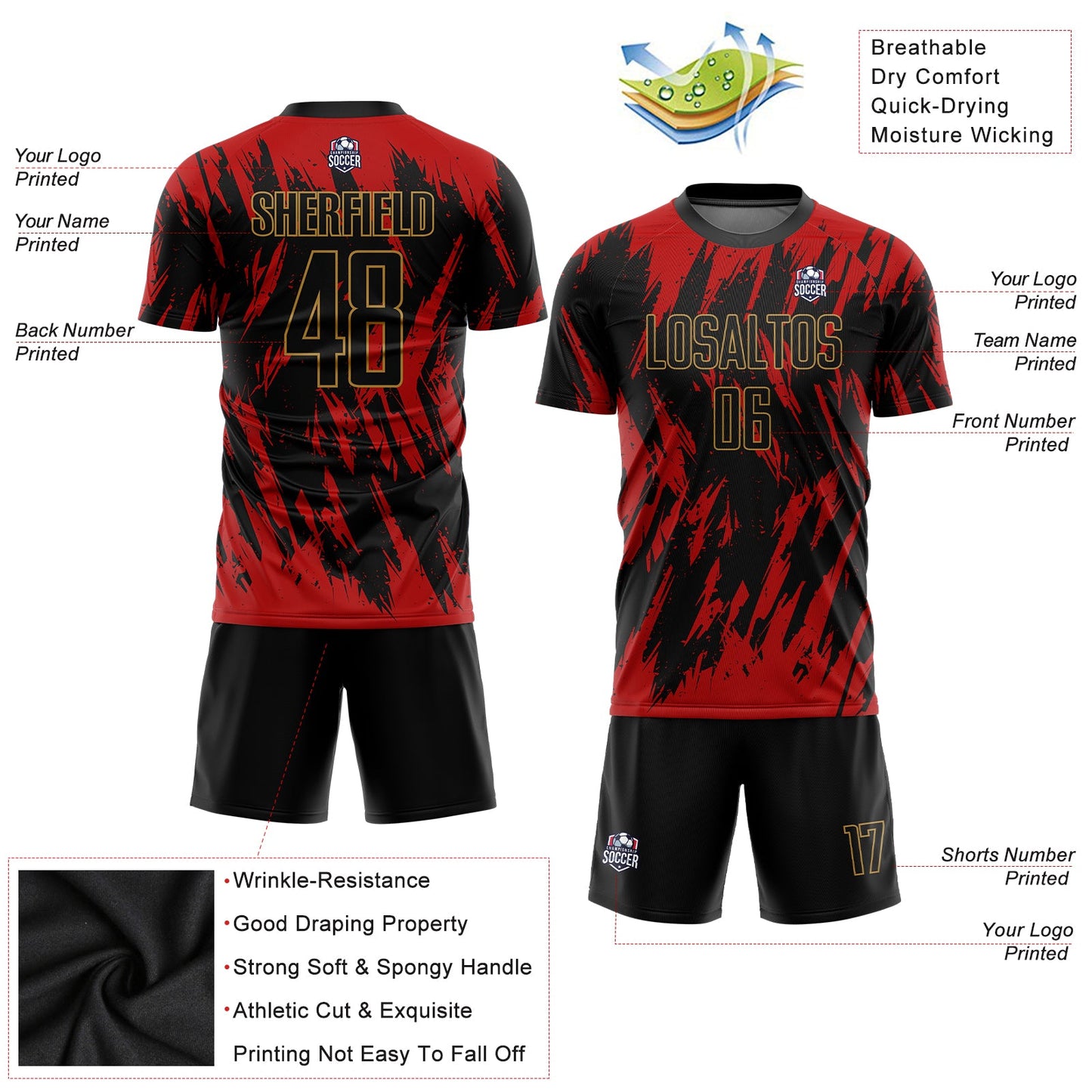 Custom Red Black-Old Gold Sublimation Soccer Uniform Jersey - Sky-Custom
