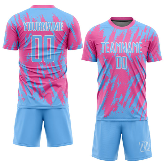 Custom Pink Light Blue-White Sublimation Soccer Uniform Jersey - Sky-Custom