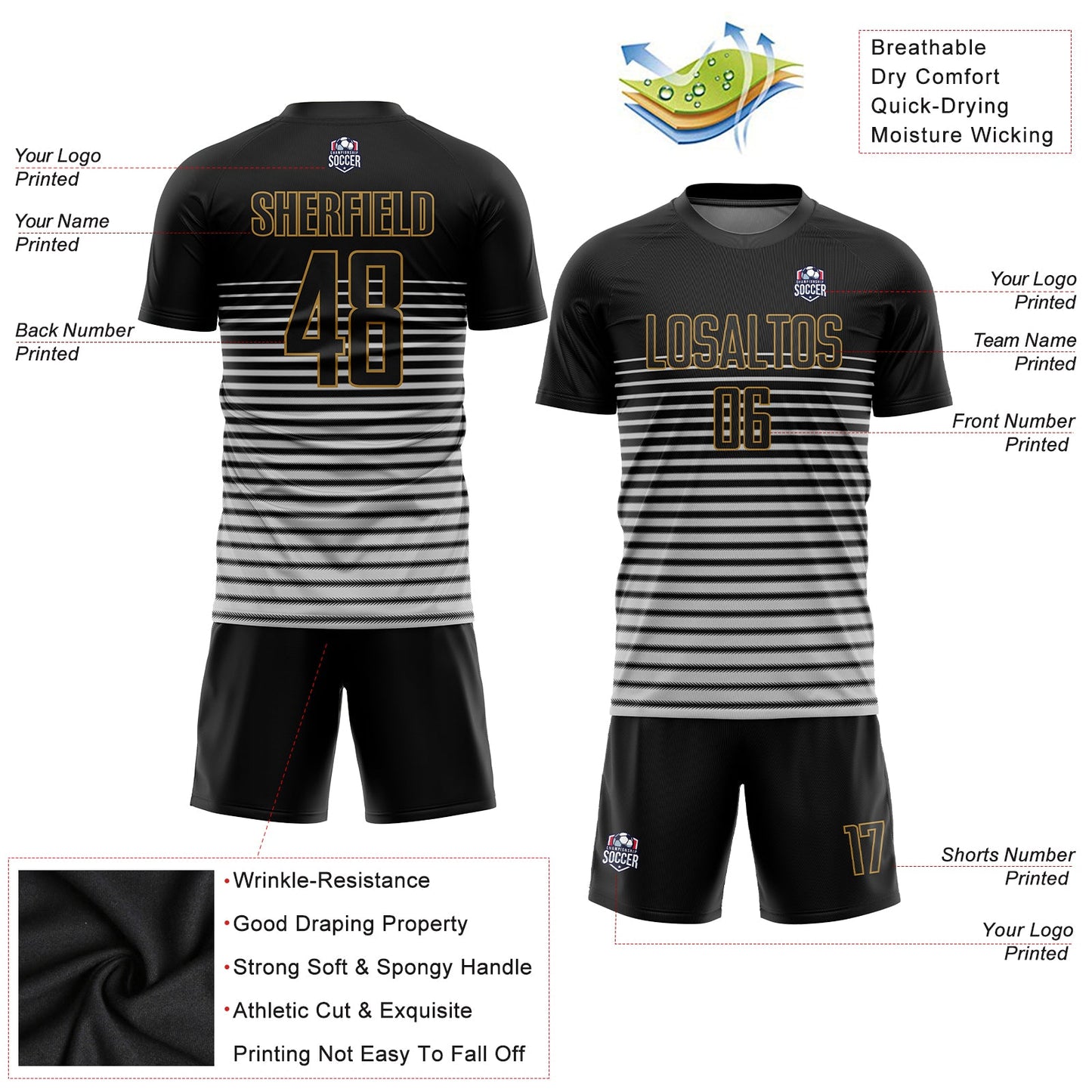 Custom Black Black-Old Gold Sublimation Soccer Uniform Jersey - Sky-Custom