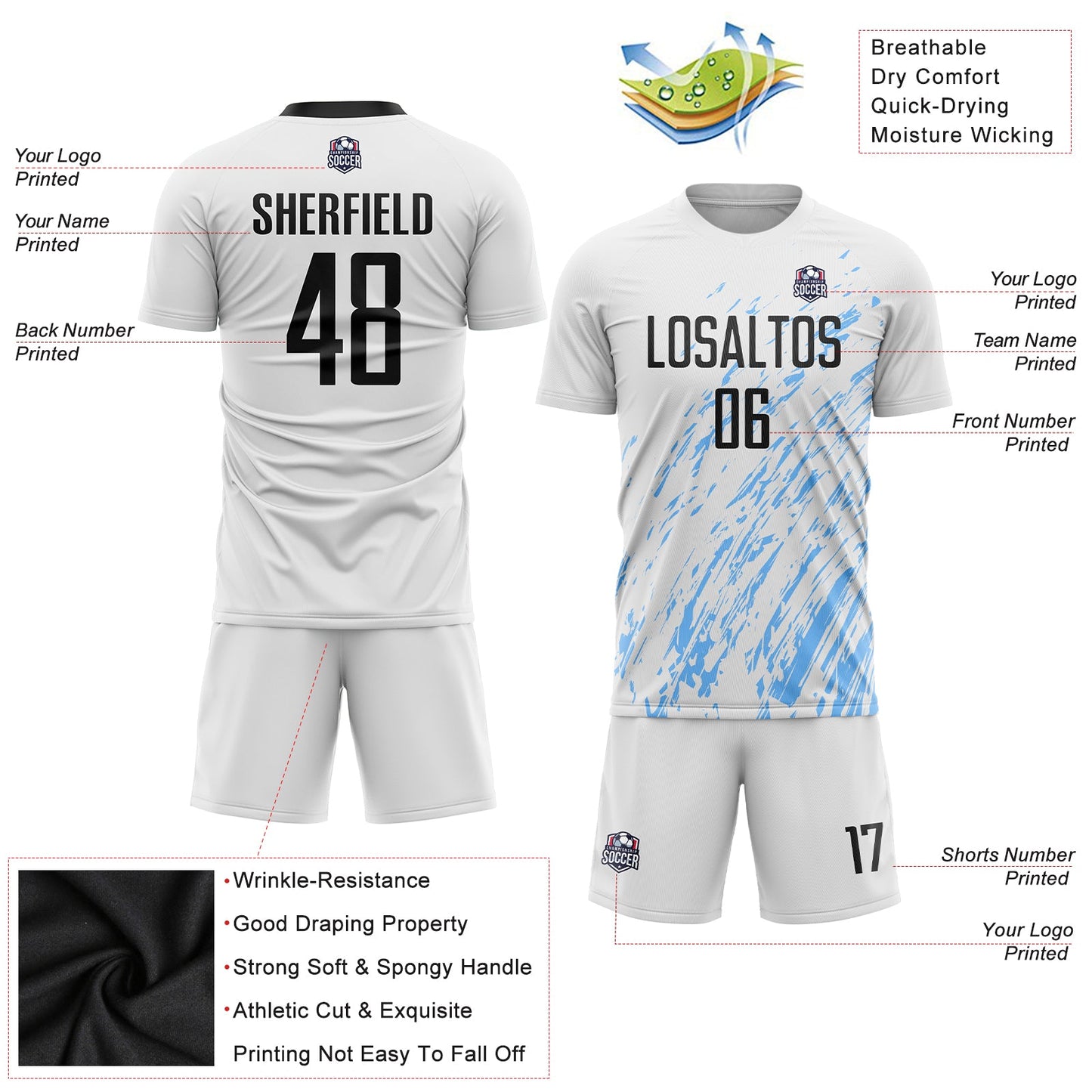 Custom White Black-Light Blue Sublimation Soccer Uniform Jersey - Sky-Custom