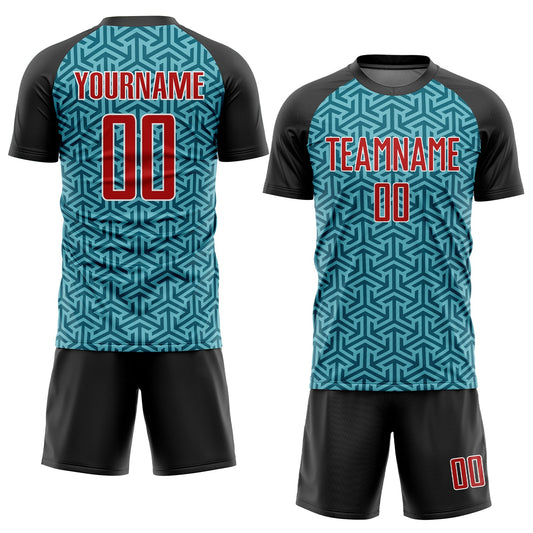 Custom Teal Red-Black Sublimation Soccer Uniform Jersey - Sky-Custom