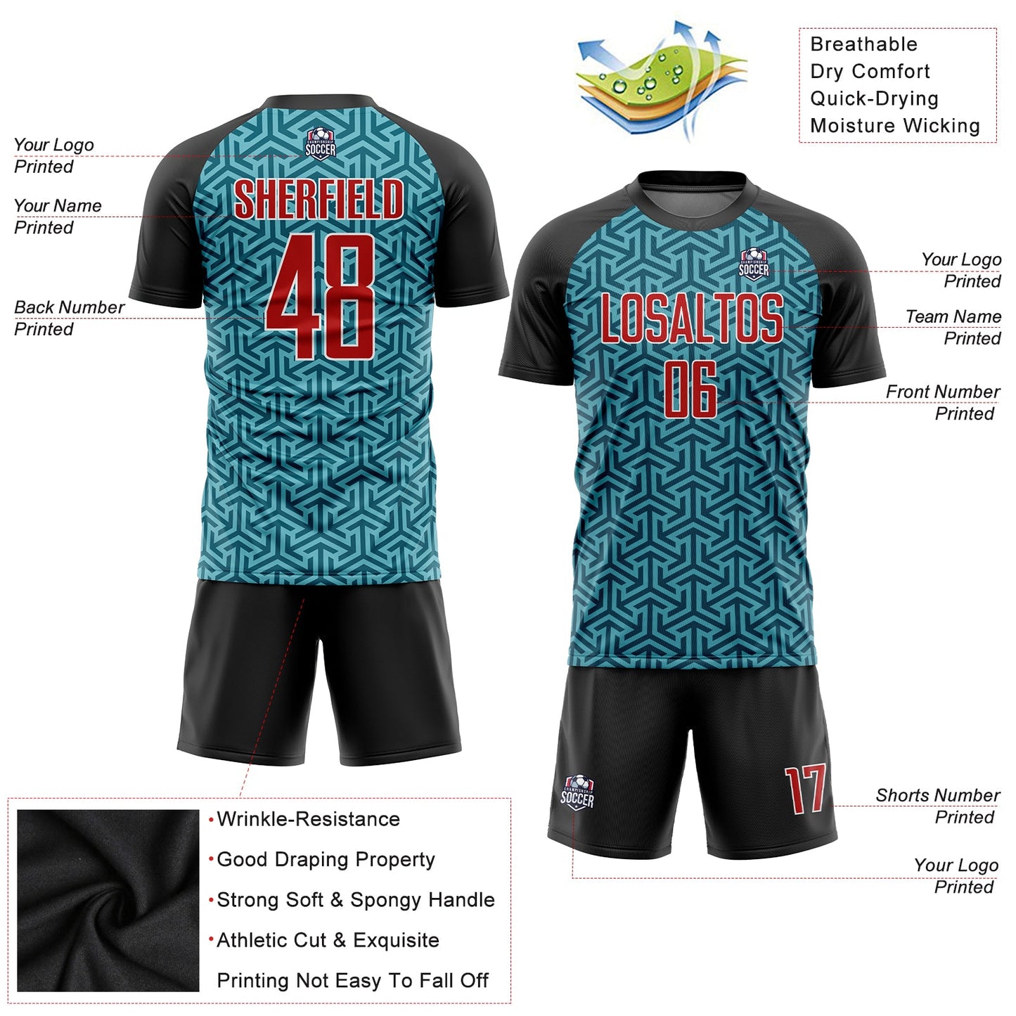 Custom Teal Red-Black Sublimation Soccer Uniform Jersey - Sky-Custom