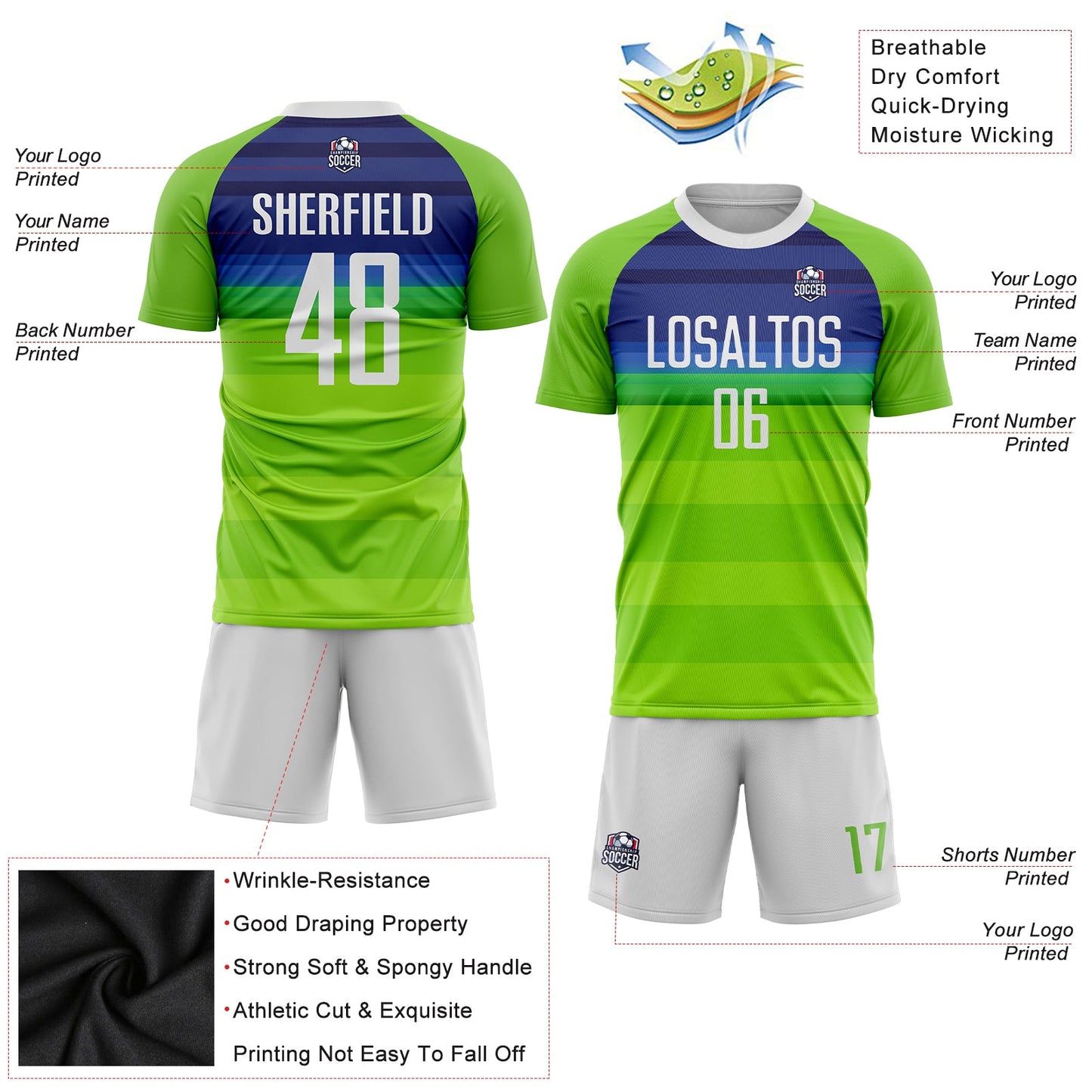 Custom Neon Green White-Royal Sublimation Soccer Uniform Jersey - Sky-Custom