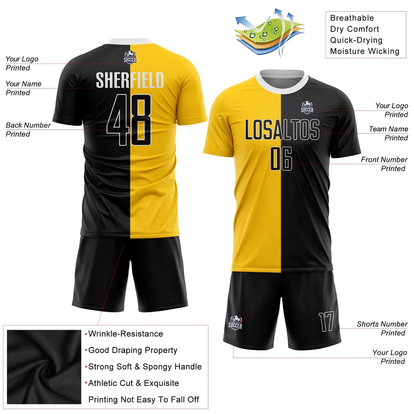 Custom Gold Black-White Sublimation Split Fashion Soccer Uniform Jersey - Sky-Custom
