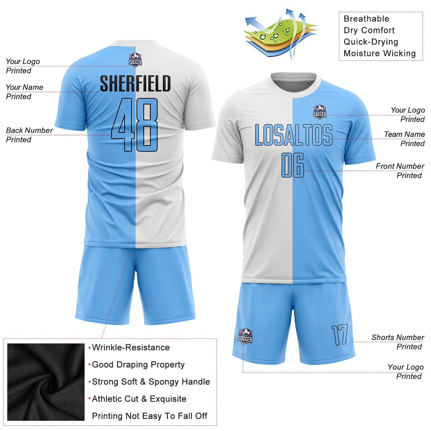 Custom White Light Blue-Black Sublimation Split Fashion Soccer Uniform Jersey - Sky-Custom