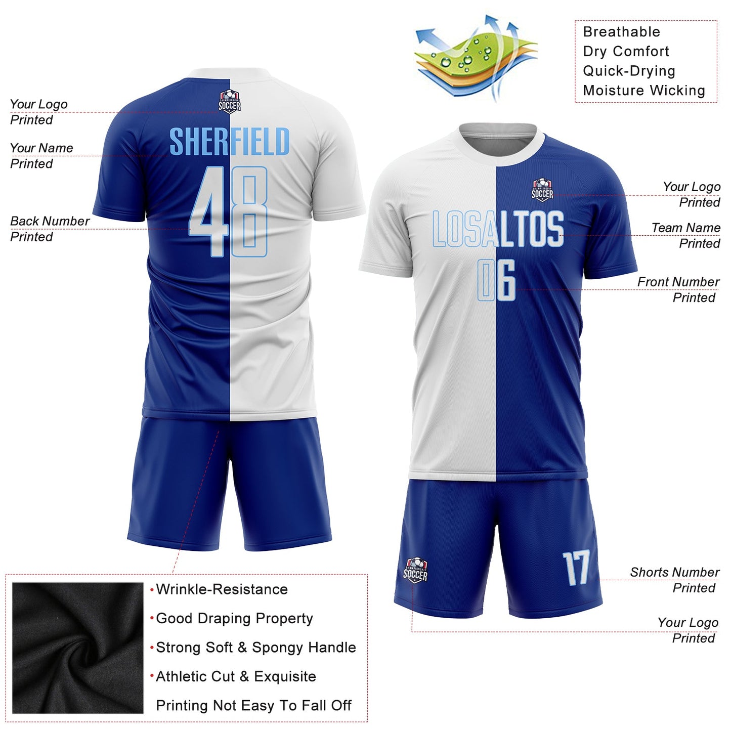 Custom Royal White-Light Blue Sublimation Split Fashion Soccer Uniform Jersey - Sky-Custom