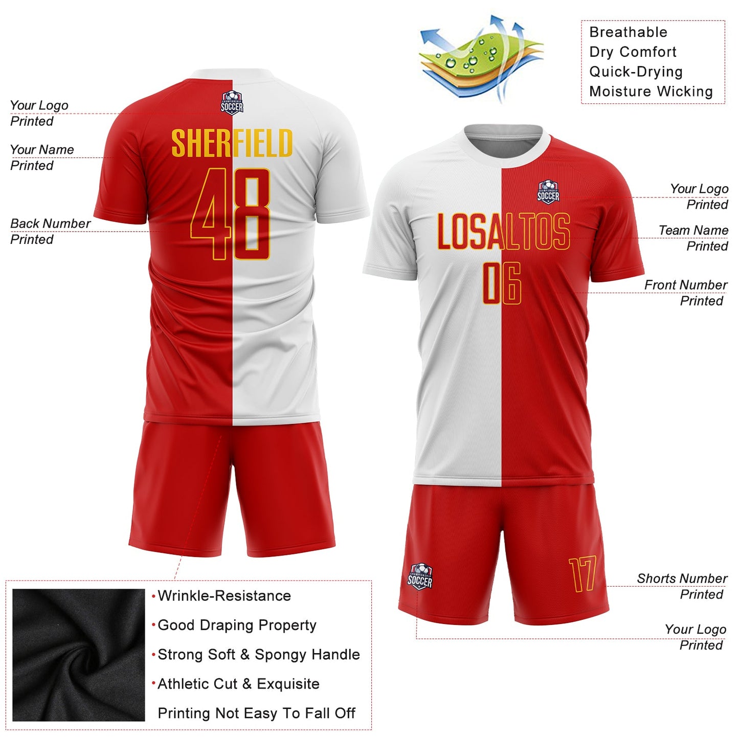 Custom White Red-Gold Sublimation Split Fashion Soccer Uniform Jersey - Sky-Custom