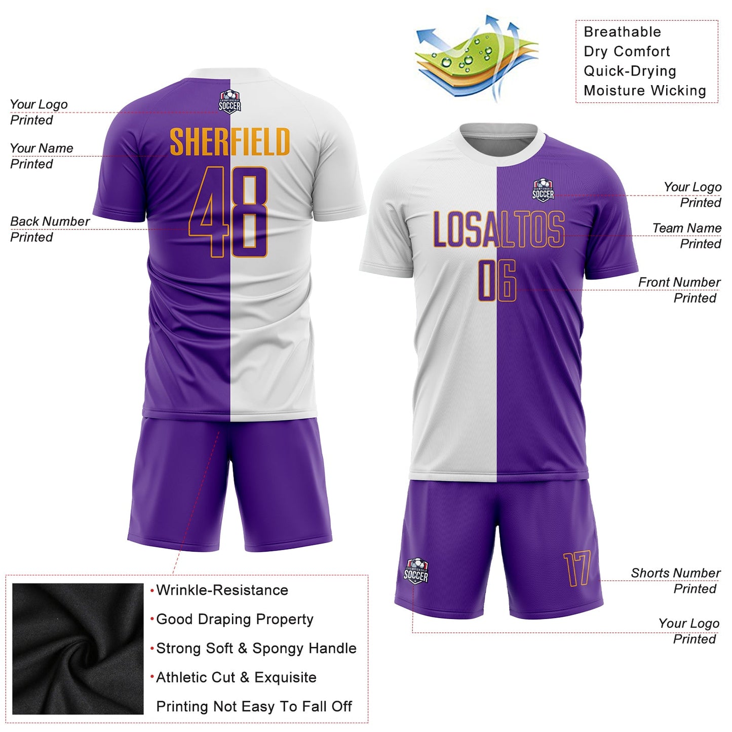 Custom White Purple-Gold Sublimation Split Fashion Soccer Uniform Jersey - Sky-Custom