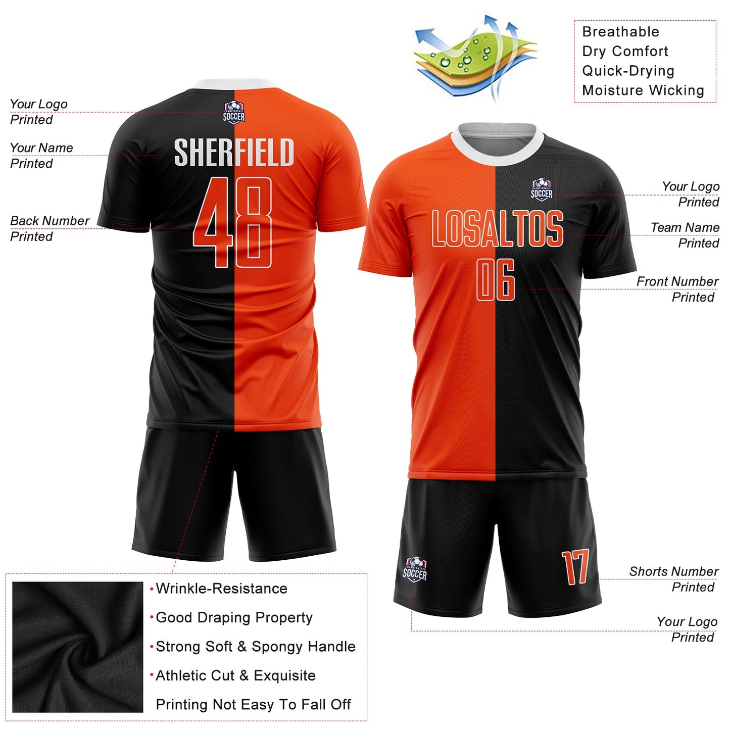 Custom Black Orange-White Sublimation Split Fashion Soccer Uniform Jersey - Sky-Custom