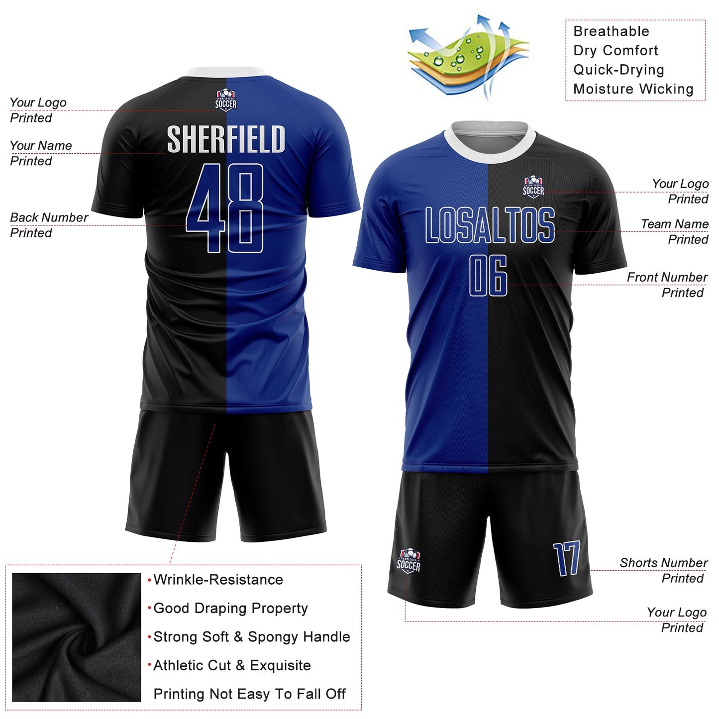 Custom Black Royal-White Sublimation Split Fashion Soccer Uniform Jersey - Sky-Custom