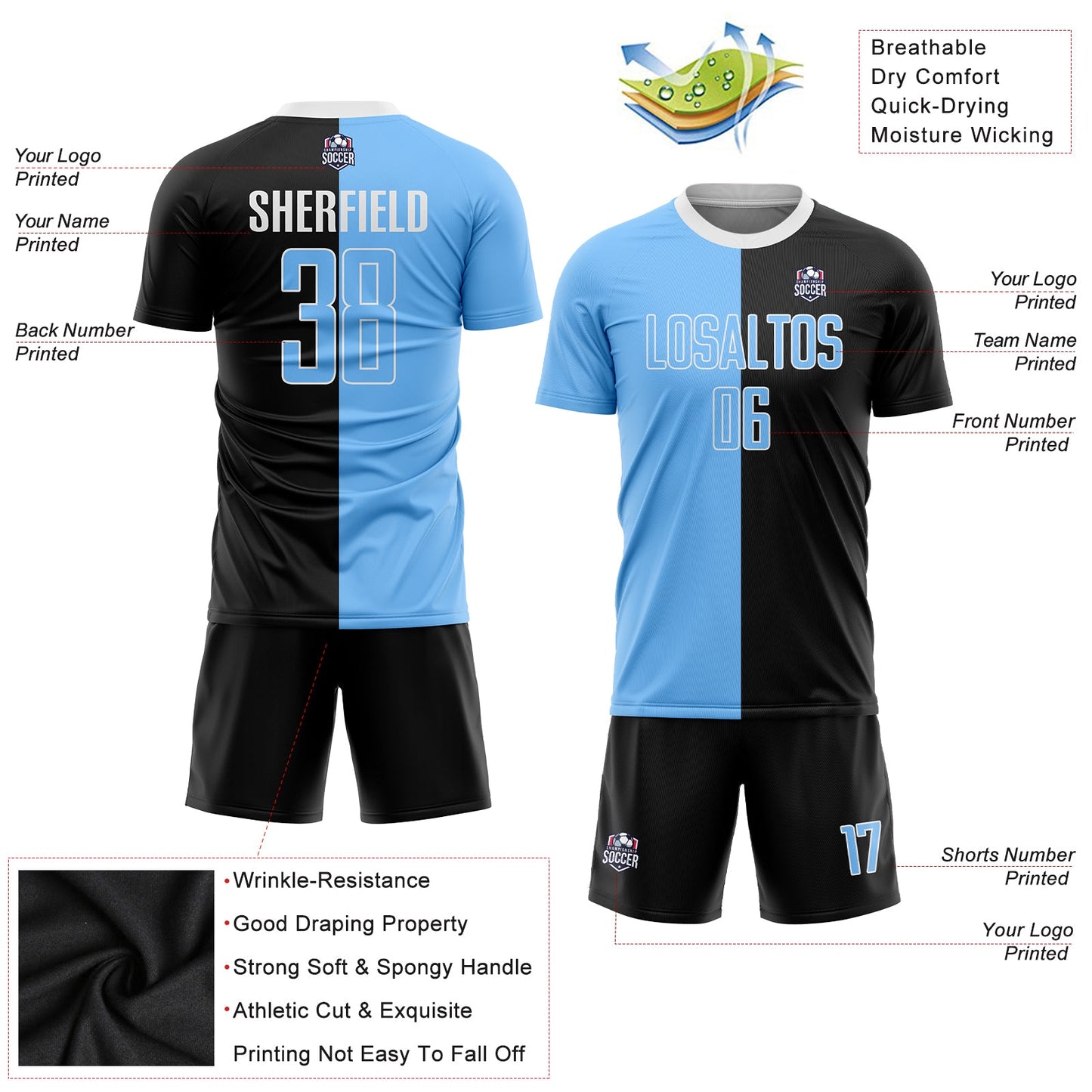 Custom Black Light Blue-White Sublimation Split Fashion Soccer Uniform Jersey - Sky-Custom