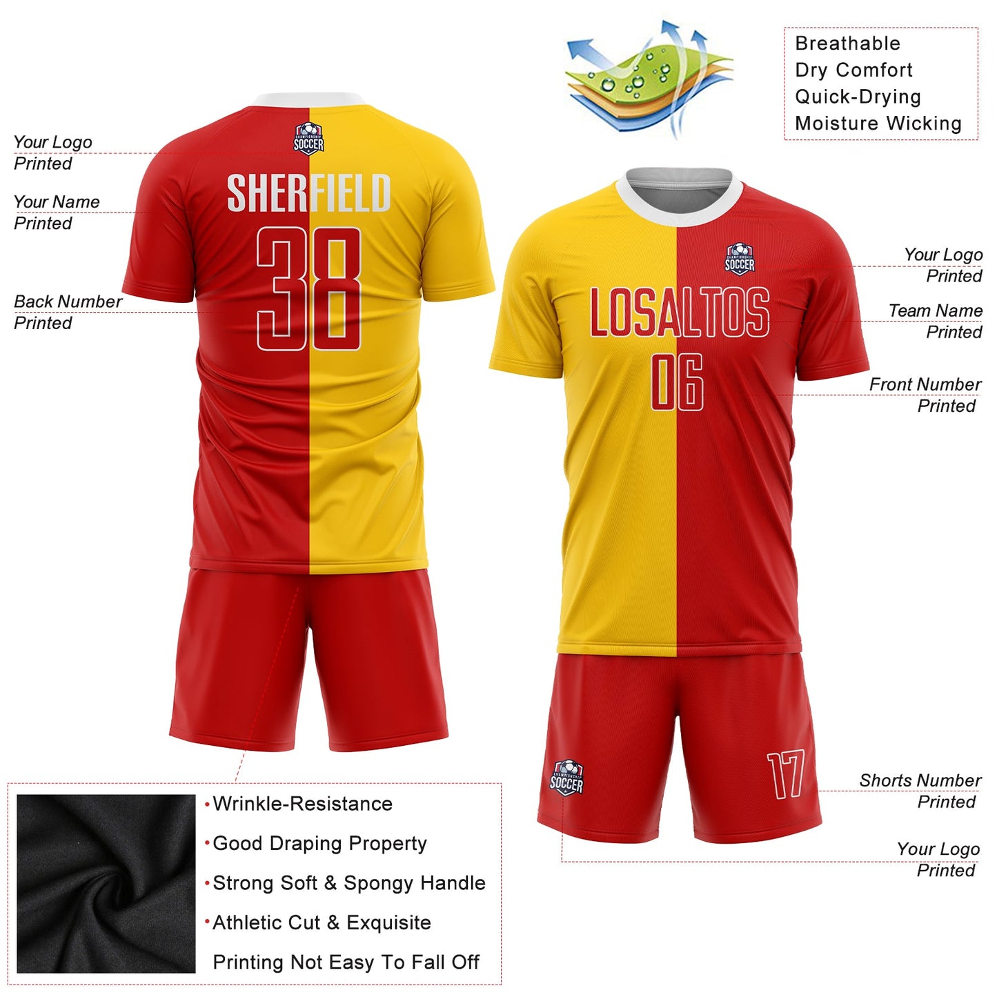 Custom Gold Red-White Sublimation Split Fashion Soccer Uniform Jersey - Sky-Custom