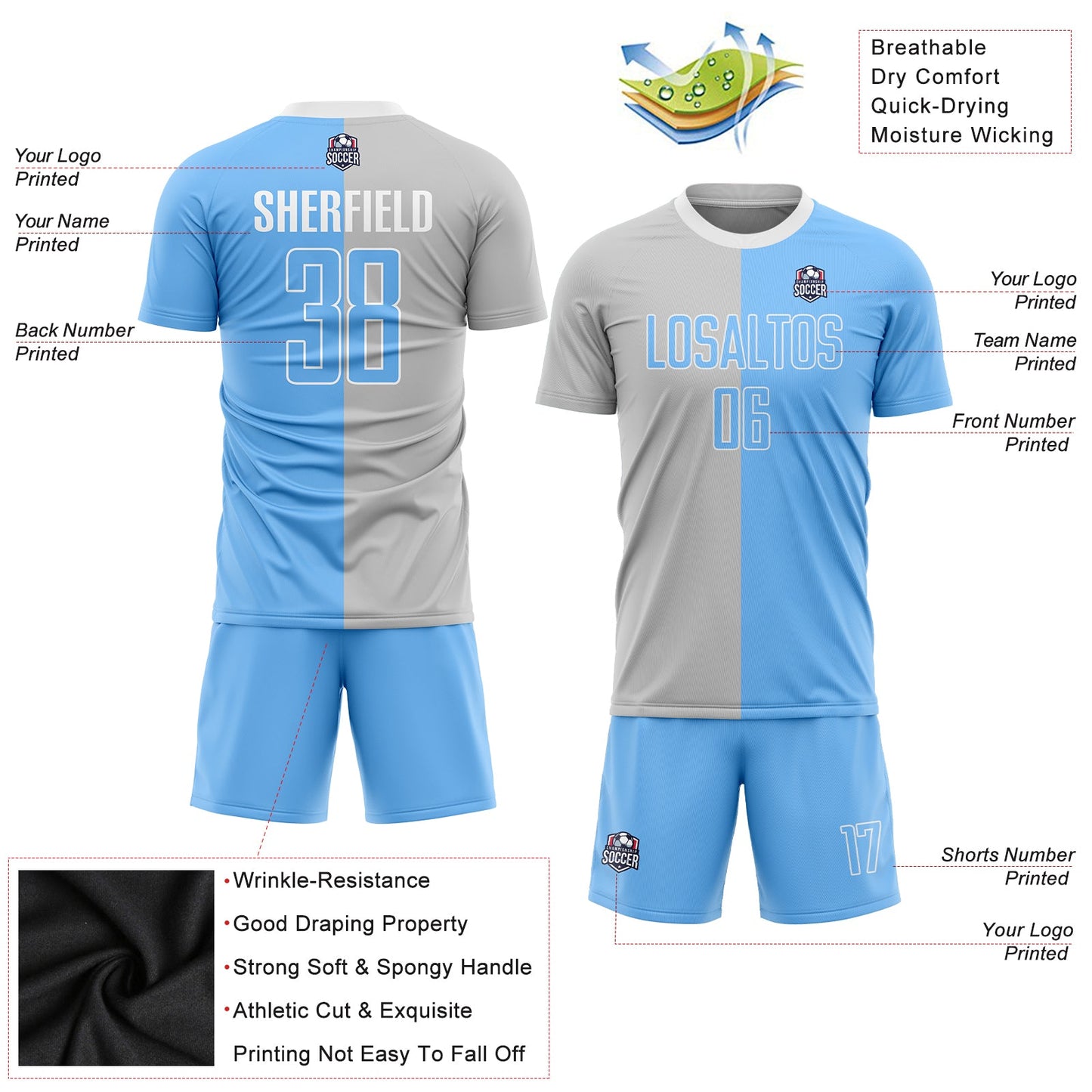 Custom Gray Light Blue-White Sublimation Split Fashion Soccer Uniform Jersey - Sky-Custom