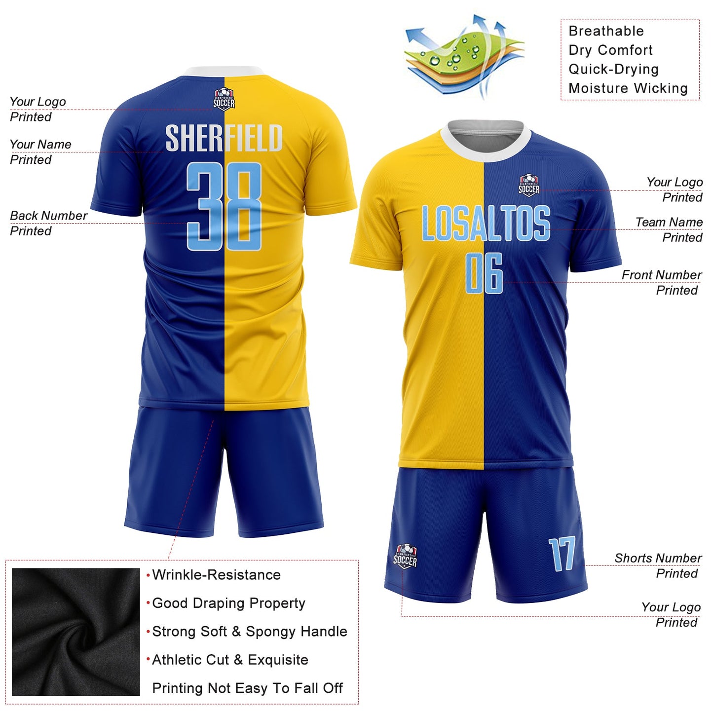 Custom Royal Light Blue-Gold Sublimation Split Fashion Soccer Uniform Jersey - Sky-Custom