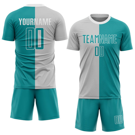 Custom Gray Teal-White Sublimation Split Fashion Soccer Uniform Jersey - Sky-Custom