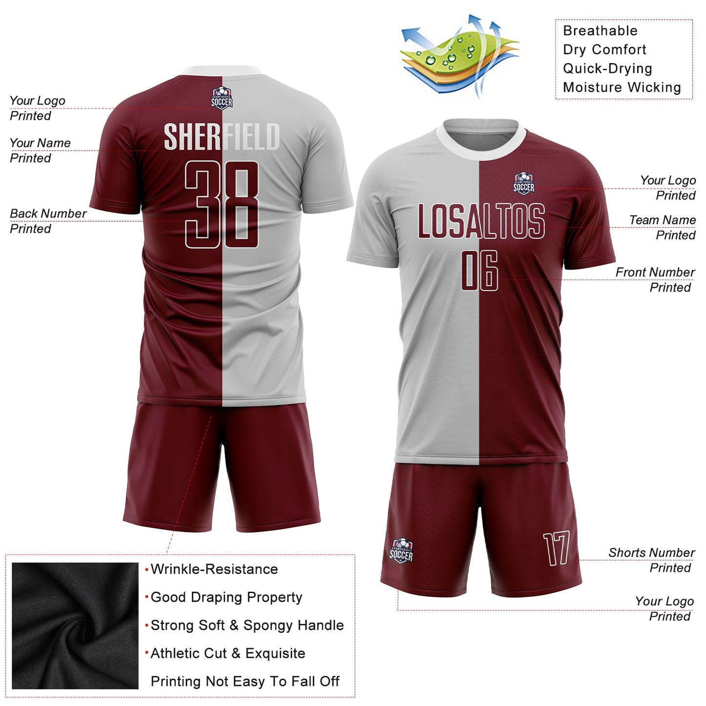 Custom Gray Crimson-White Sublimation Split Fashion Soccer Uniform Jersey - Sky-Custom